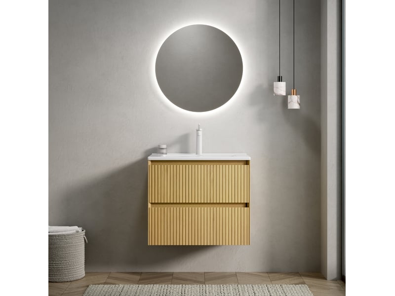 Meuble sous vasque suspendu avec 2 tiroirs et vasque en céramique, pour salle de bain, chêne doré et blanc, 61 cm - Conforama B