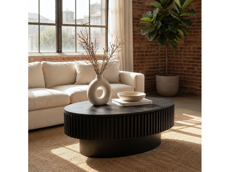 Table basse ovale 98x60x35 cm en mdf noir avec rangement dissimulé - Conforama B