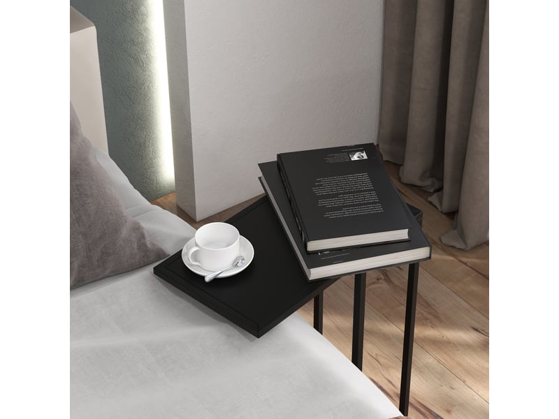  Table d'appoint en forme de c, bout de canapé noir avec cadre en acier robuste, table pour ordinateur portable, 46x26x60 cm.  - Conforama B
