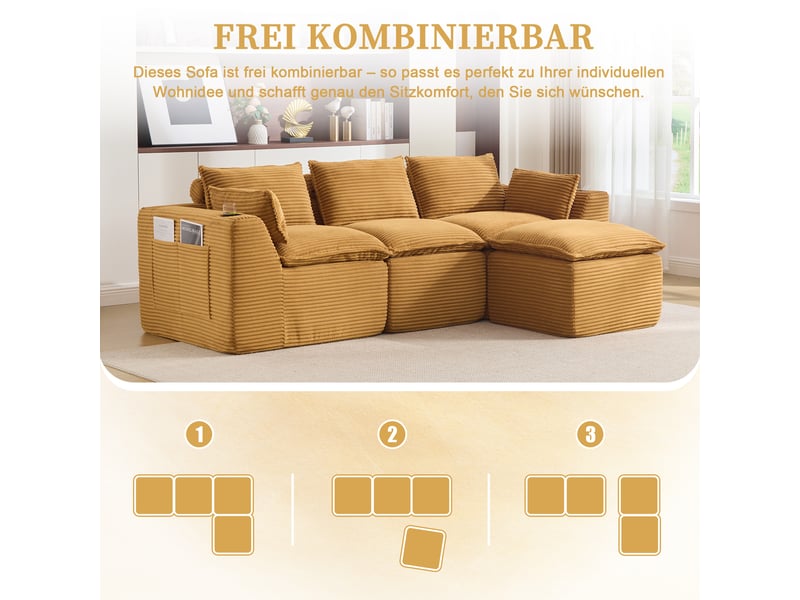  Canapé modulable, canapé 3 places, en velours tricoté, orange, poches latérales, porte-gobelets, pour salon, repose-pieds  - Conforama E
