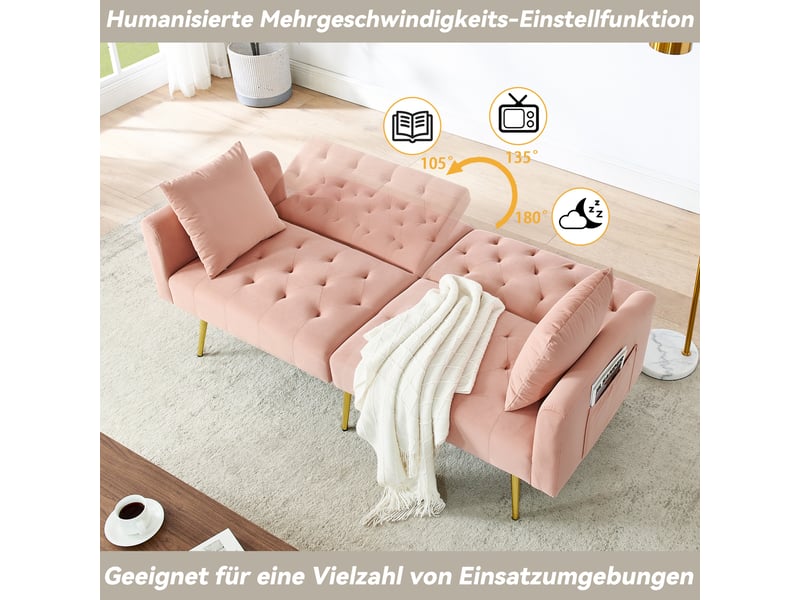 Canapé 2 places, canapé de salon, en velours, rose, dossier réglable 3 positions, 2 coussins inclus, design moderne, pieds en métal - Conforama D