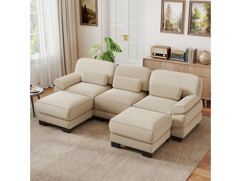 Canapé modulable en u 3 places 265x161x94 cm, coussin lombaire épais, assise profonde, avec 2 poufs, en velours côtelé, beige - Conforama D
