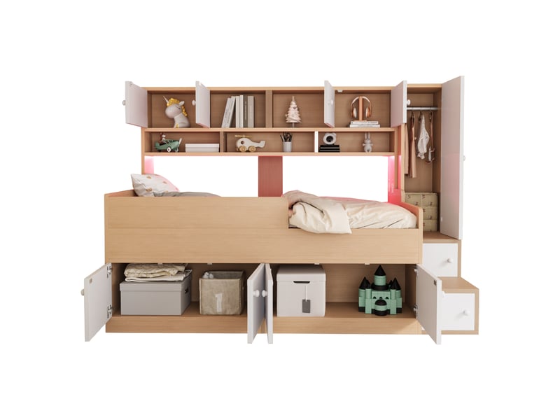  Lit enfant 90x200 cm avec rangements, armoire, échelle, led et structure mdf bois naturel  - Conforama E