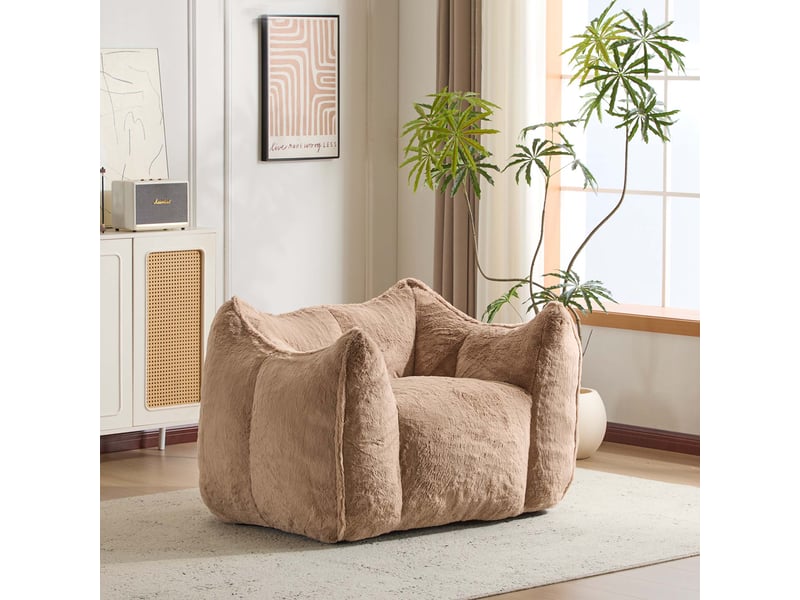 Fauteuil avec pouf repose-pieds, assise en mousse et structure sans cadre pour salon, en fourrure synthétique kaki - Conforama B