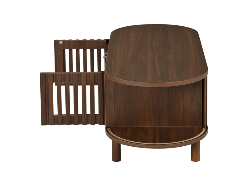  Table basse ovale couleur noyer 100 x 40 x 38 cm, 2 portes à rideau, pieds en bois massif  - Conforama D