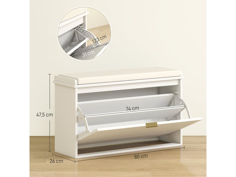  Banc à chaussures avec assise rembourrée, tiroir rabattable et étagère réglable pour entrée ou chambre, 80 x 26 x 47,5 cm, blanc  - Conforama E