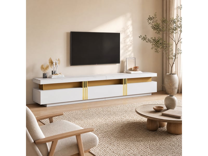 Ensemble meuble tv 3 tiroirs et table basse 2 tiroirs, blanc, effet marbre - Conforama B