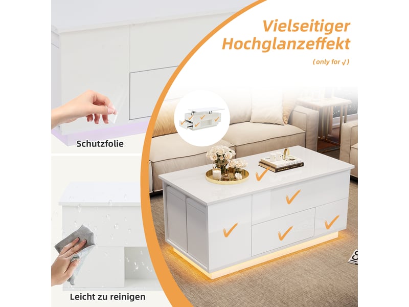 Table basse relevable led avec 2 tiroirs et 2 tabourets pour salon 100×50×45 cm en panneaux de particules blanc - Conforama C