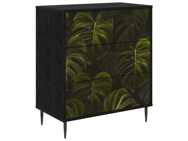  Commode chambre, meuble de rangement elburg impression de feuille de palmier chêne noir  - Conforama A