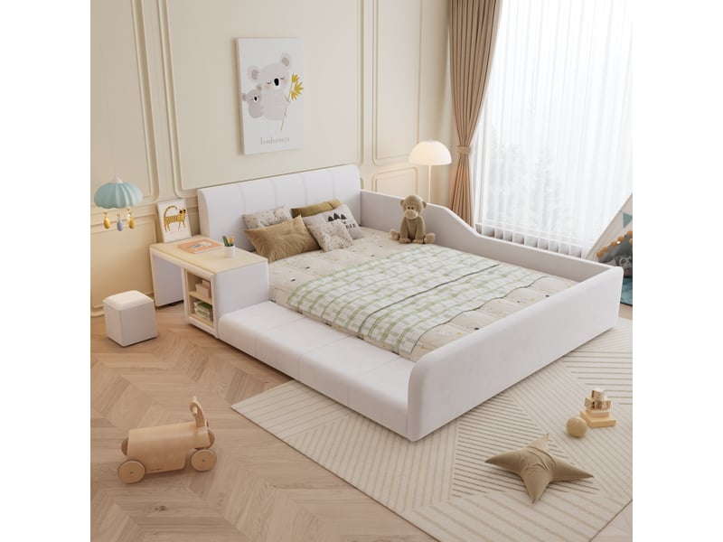  Lit 2 personnes 140x200 cm ado avec bureau combiné tabouret étagères velours blanc et sommier  - Conforama B