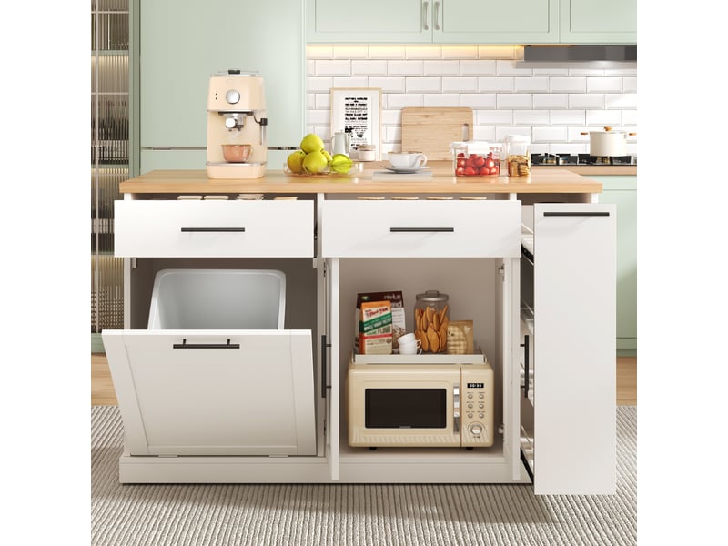  Desserte de cuisine avec 2 tiroirs, étagère 4 niveaux, compartiment poubelle et plateau rabattable 120×70×93 cm  - Conforama B