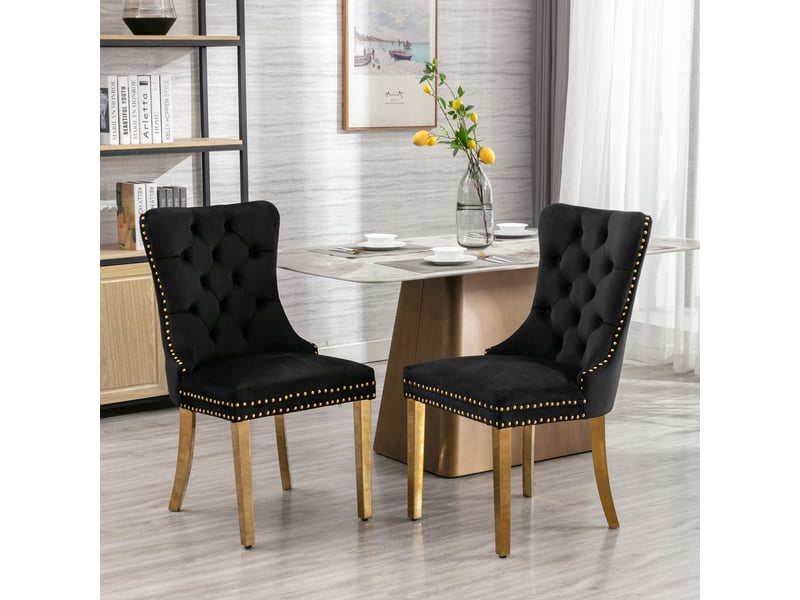  Lot de 2 chaises de salle à manger en velours noir, dossier haut capitonné, clous décoratifs, pieds finition dorée, structure en bois massif  - Conforama B