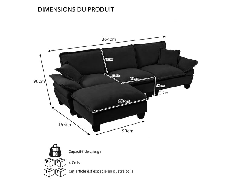 Canapé d'angle modulable convertible en l 4 places 263 cm chenille noire avec ottomane amovible - Conforama C