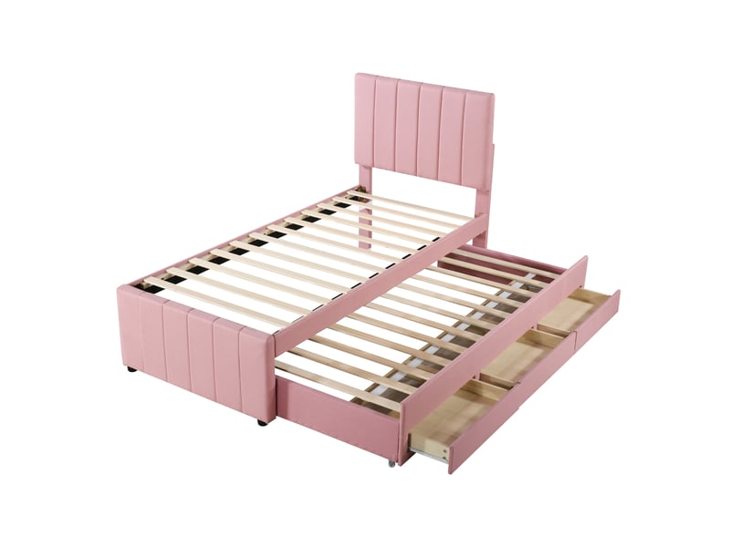  Lit capitonné 90 x 200 cm avec lit gigogne et tiroirs de rangement, lin doux, rose, sans matelas  - Conforama A