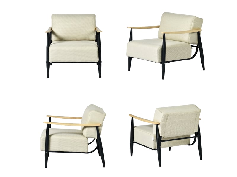 Fauteuil de salon à ressorts, avec ensachés assise épaisse, accoudoirs en bois, structure en acier, beige - Conforama W