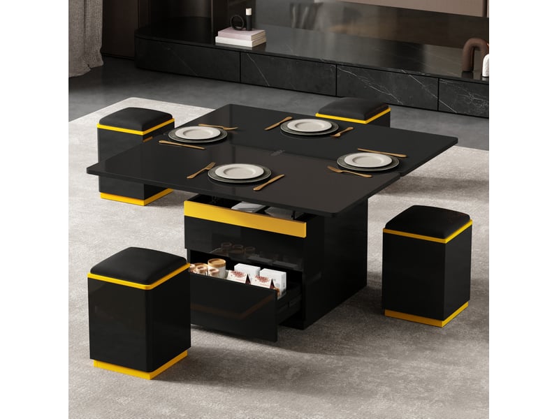  Table basse relevable pliable avec tiroirs et niches et 4 tabourets de rangement pour salon, noir, 100 × 50 × 43 cm  - Conforama D