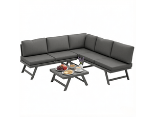 Canapé d'angle de jardin 5 places gris en acier et aluminium, avec table basse et coussins, design moderne