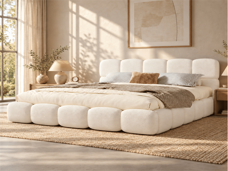  Lit double rembourré 200x200 cm, mécanisme hydraulique, sommier à lattes, tête de lit, grand rangement, blanc bouclé  - Conforama B