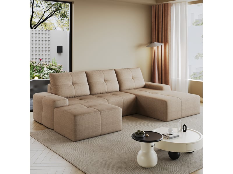 Canapé d’angle 4 places avec ottomane en tissu kaki, 262x172x82 cm - Conforama W