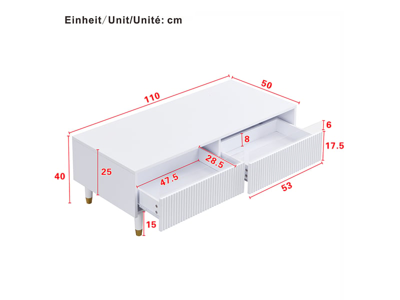  Table basse rectangulaire blanc avec 2 tiroirs - 50x100 cm led mdf table basse blanc - Conforama C