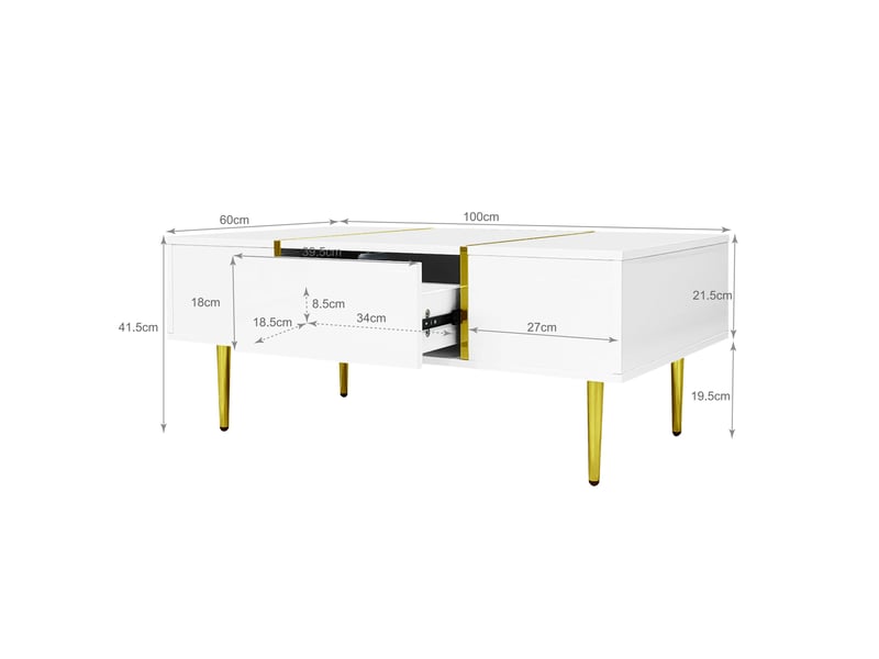  Table basse rectangulaire brillant en mdf avec 2 tiroirs et pieds dorés,blanc table basse blanc - Conforama C