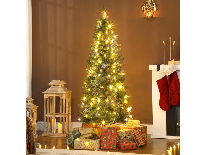  Sapin de noël artificiel 150 cm, arbre de noël fin avec 170 lumières, 635 pointes, support en métal pliable, vert  - Conforama B