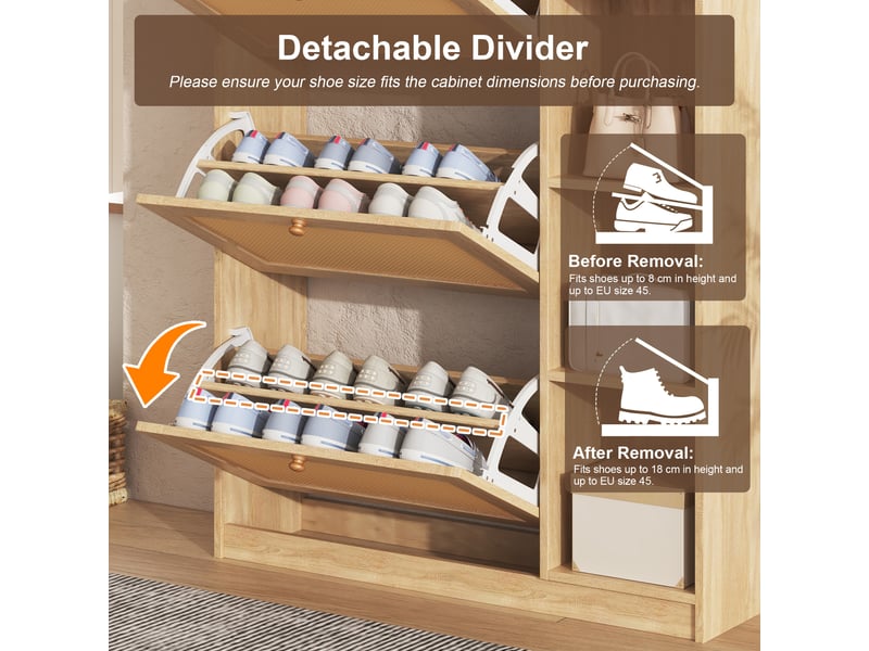  Meuble à chaussures étroit 90x24x130 cm avec 3 portes abattantes rotin et 2 tiroirs, couleur naturel  - Conforama D