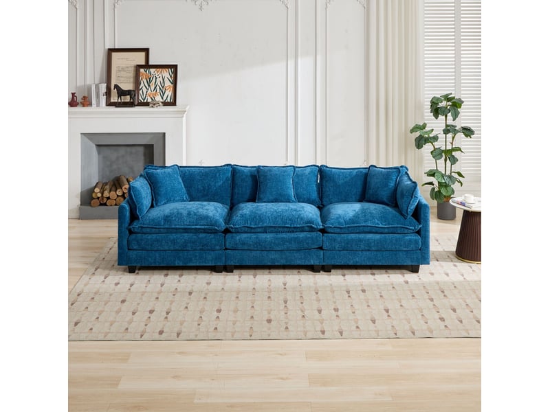  Canapé modulable 3 places bleu chenille confortable salon chambre installation rapide homvra  - Conforama D