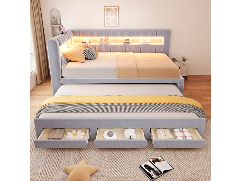  Lit gigogne 90x190 cm, lit jeune avec rangement, led et usb en mdf couleur gris clair sans matelas, moderne  - Conforama E