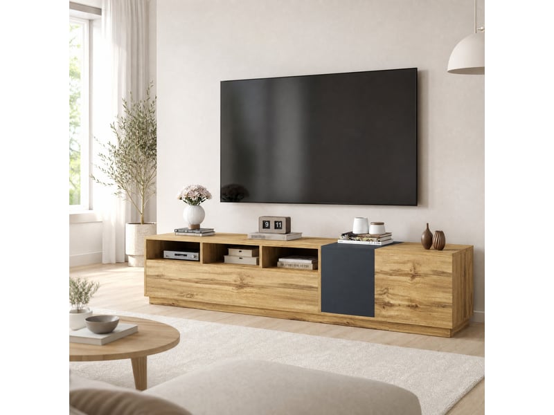  Meuble tv modenvie 200 x 45 x 45 cm avec rangements, panneaux de particules noir, gris et bois  - Conforama B
