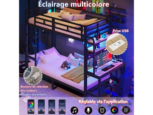 Lit mezzanine en métal avec bureau, 90 x 200 cm, avec etagères, échelles, led, usb, barrières de sécurité, lit superposé, noir
