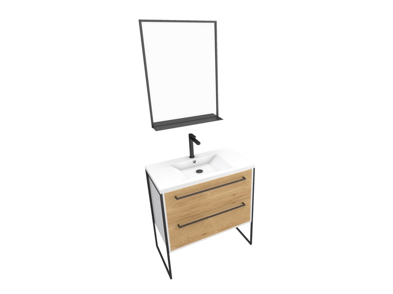  Pack meuble de salle de bain 80x50cm blanc - 2 tiroirs blanc - vasque blanche + miroir noir mat  - Conforama A