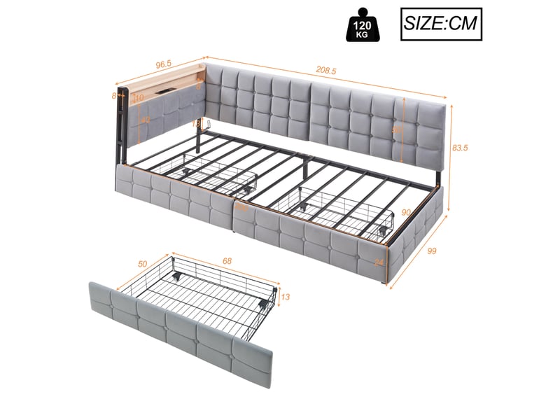 Canapé-lit 90x200 cm avec 2 tiroirs, led et ports usb-c, velours gris, sans matelas - Conforama C