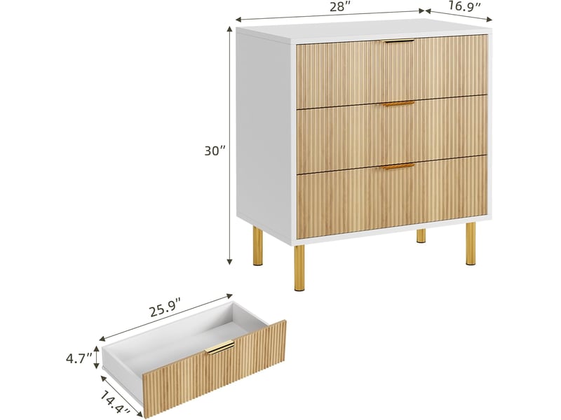  Commode 3 tiroirs cannelée moderne, meuble de rangement finition grain de bois, poignées dorées, pieds métal, 71 x 43 x 76 cm PHO_0ZGJSCDZ - Conforama C