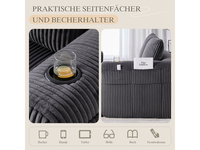  Canapé droit 2 places en velours côtelé gris foncé 158x93x61 cm avec poches latérales et porte-gobelets 158x93x61cm - Conforama R