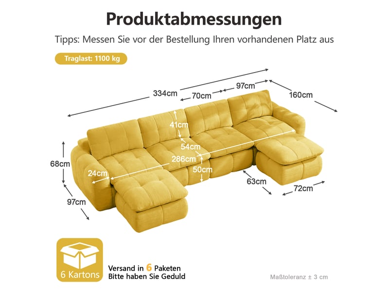 Canapé modulable en u 4 places modenvie avec 2 ottomans en chenille jaune, assises larges et profondes, 334 x 160 x 68 cm - Conforama C