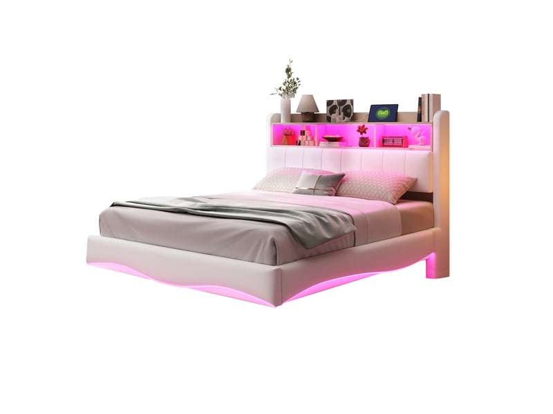  Lit capitonné 140x200 cm avec design suspendu, led, usb, type-c, rangement et tête de lit, tissu beige, sans matelas  - Conforama A