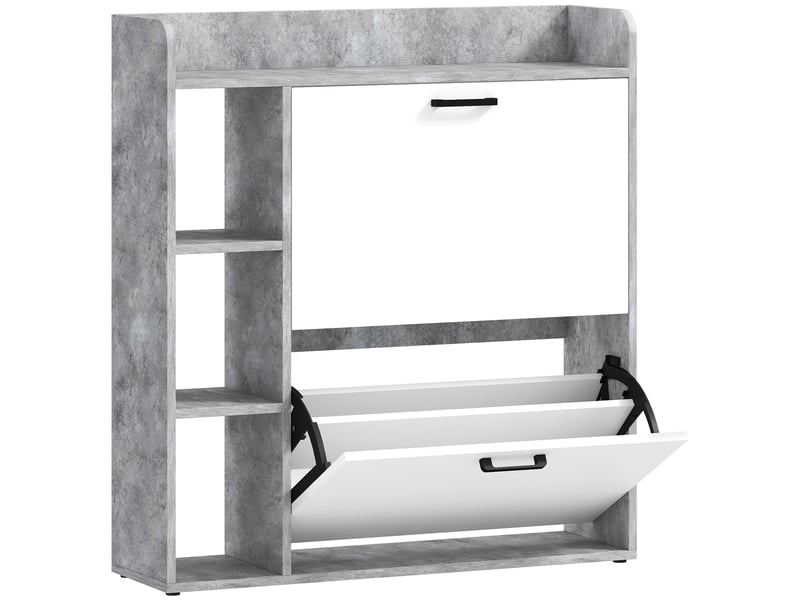  Meuble à chaussures 15 paires, armoire à chaussures moderne avec 2 tiroirs rabattables, blanc et gris, 83x24x90,5cm  - Conforama B