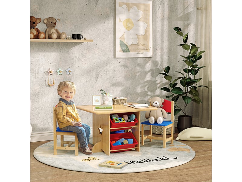  Table enfant avec 2 chaises ensemble table et chaises enfants 3 pièces en bois avec 4 bacs de bois rangement naturel  - Conforama D