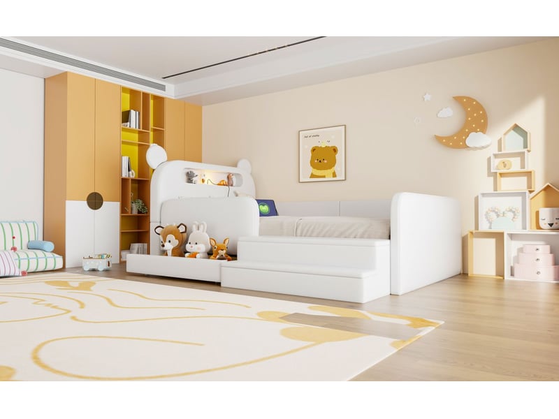  Lit rangement 90 x 200 cm veilleuse intégrée lit 1 place rangement intégré tête de lit en forme d’ours port usb de recharge assise marche revêtement en similicuir coloris blanc structure rembourrée conception sûre et pratique  - Conforama B