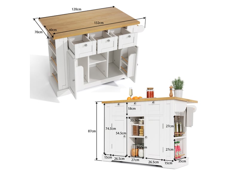  Îlot de cuisine 132x40x87 cm, desserte extensible avec tiroirs, porte-épices, porte-serviettes et prise, mdf, blanc et naturel  - Conforama C