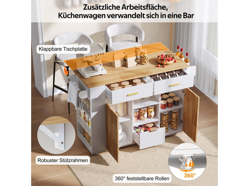  Îlot de cuisine mobile plateau rabattable 3 tiroirs blanc 120x71x90 cm N635P4885505152W - Conforama E