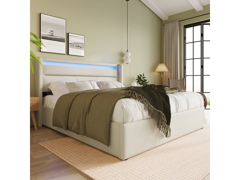  Lit coffre hydraulique 160x200 cm avec rangement, led et sommier à lattes, lit 2 places rembourré en simili cuir - blanc  - Conforama E
