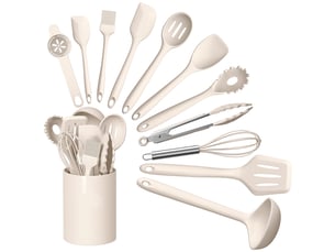 Set de 12 ustensiles de cuisine en silicone kaki avec support chicfurn
