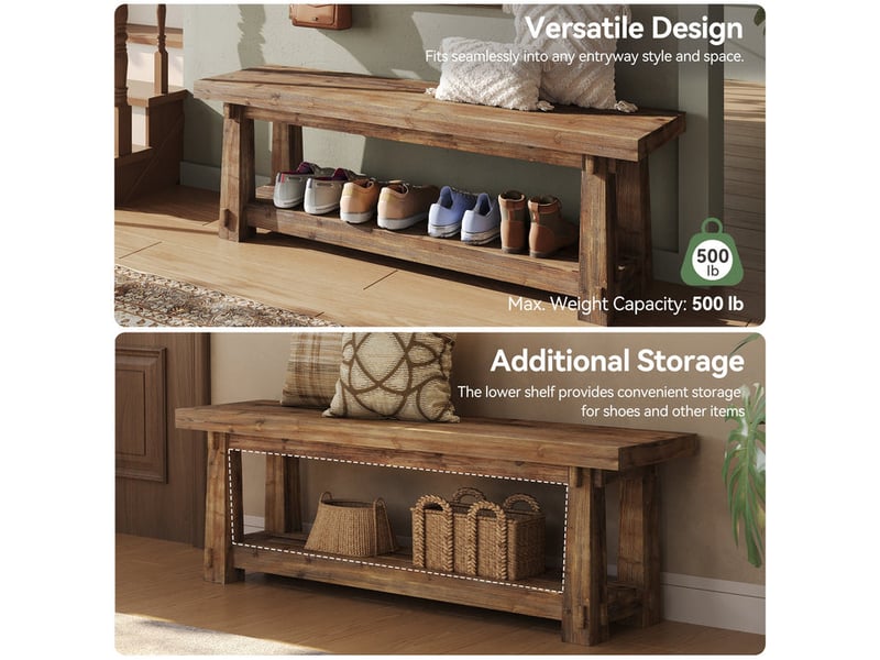  Tribesigns banc d'entrée en bois massif avec rangement à chaussures, banc d'entrée rustique en bois brûlé avec étagère ouverte pour couloir, vestiaire, chambre à coucher, assemblage facile  - Conforama E