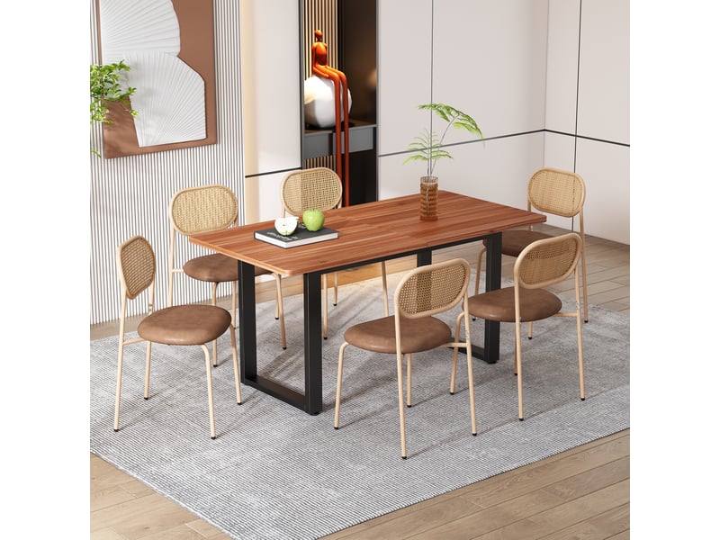  Lot de 6 chaises de salle à manger 46x48x80 cm, assise pu confortable, dossier ovale rotin, pieds métal, marron  - Conforama B