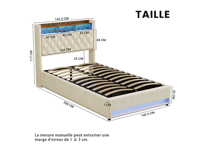  Lit coffre 140x190 cm beige en velours avec coffre de rangement, led et port usb intégré  - Conforama C