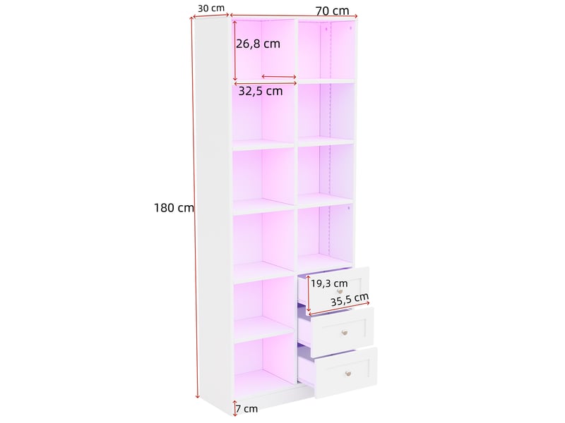 Vitrine led ouverte avec tiroirs et bandeaux rgb, bibliothèque et meuble pour figurines, rangement moderne pour bureau, salon ou chambre - blanc, format compact OPULERANE TRADING LTD - Conforama C