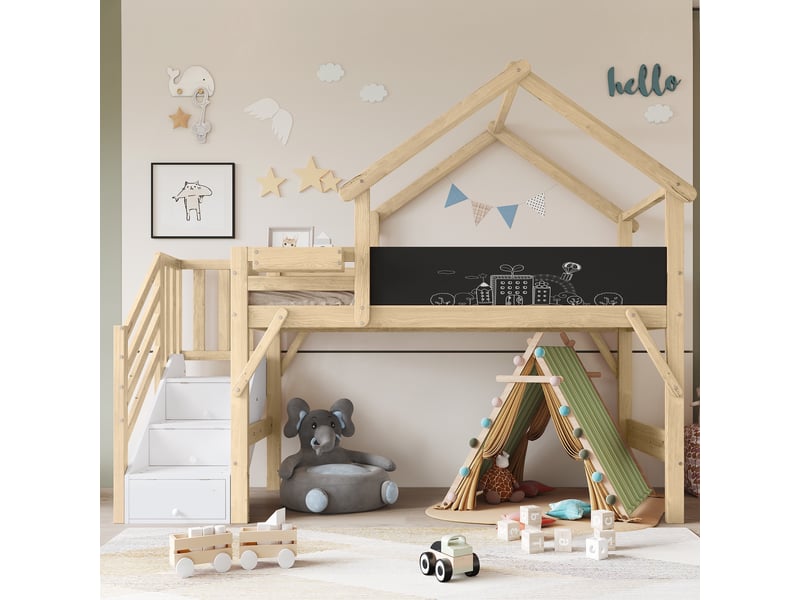  Lit mezzanine enfant 90x200 cm, lit cabane avec escalier de rangement, ardoise à dessin, en bois de pin et mdf, naturel  - Conforama B