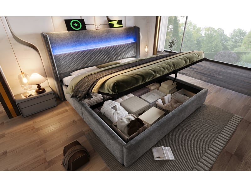  Lit coffre 140x200 cm en lin gris avec tête de lit haute, led, rangements intégrés, ports usb-c et matelas inclus  - Conforama B